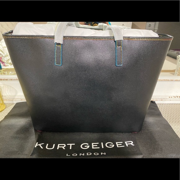 KURT GEIGER LONDON Richmond Shopper Black Tote Bag With Rainbow Lined Stitching - Picture 4 of 9